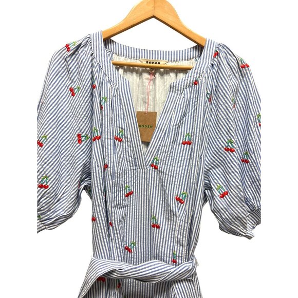 Boden NWT Bria Blue Striped Seersucker Cherry Embroidered A-Line Midi Dress - Picture 8 of 14